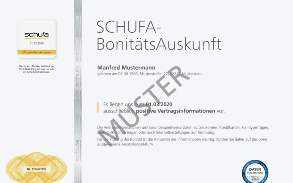 مثال على شهادة جدارة إئتمانية من شركة Schufa
